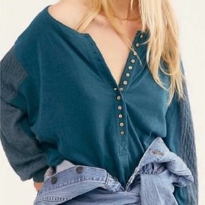 Free People We The Free Back At It Henley Blue Teal Long Sleeve Size Small